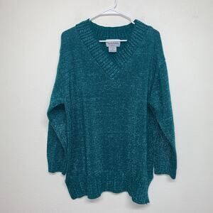 Vintage 90s Diane Von Furstenberg Sz 1X Sweater Green Sparkle Oversized Metallic